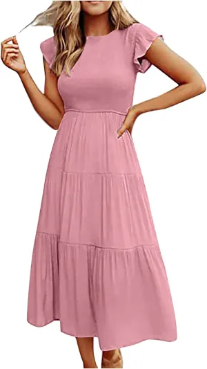Midi Dresses for Women High Waited Tiered Dress Ruffle Sleeve Sun Dresses Flowy Going Out Dress 2023 Summer Clothes