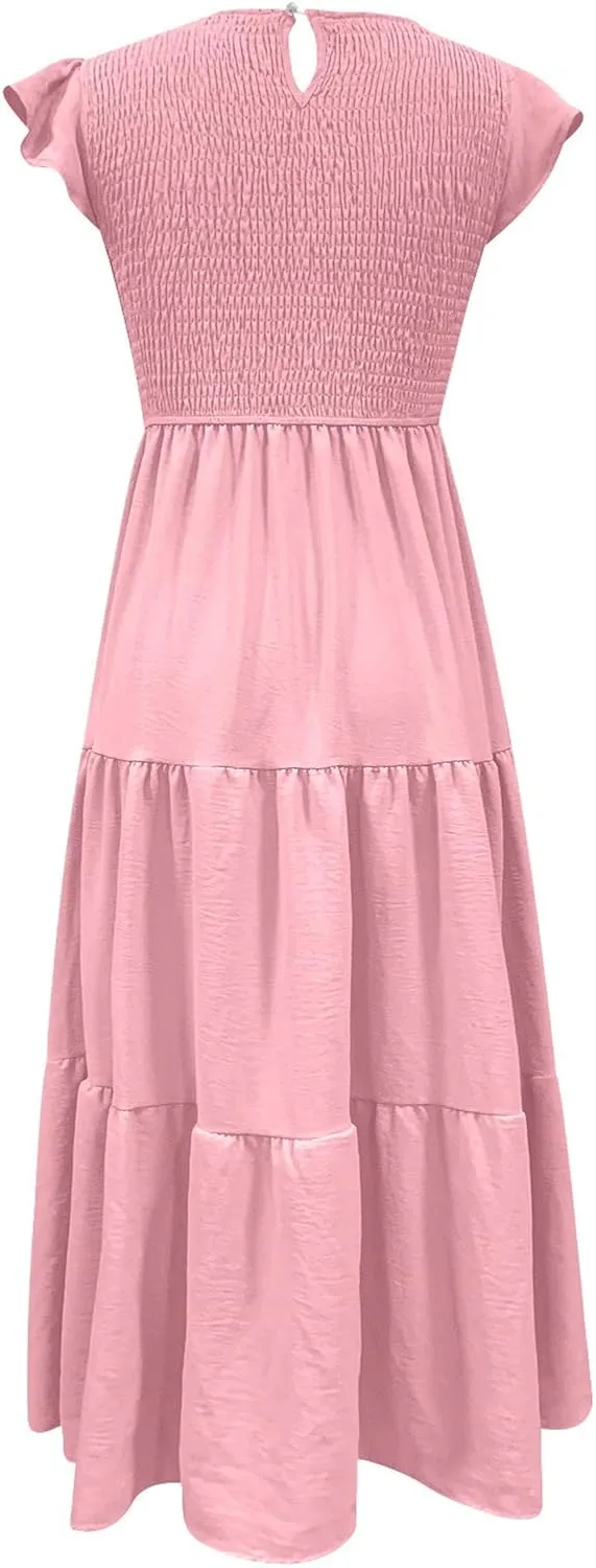 Midi Dresses for Women High Waited Tiered Dress Ruffle Sleeve Sun Dresses Flowy Going Out Dress 2023 Summer Clothes
