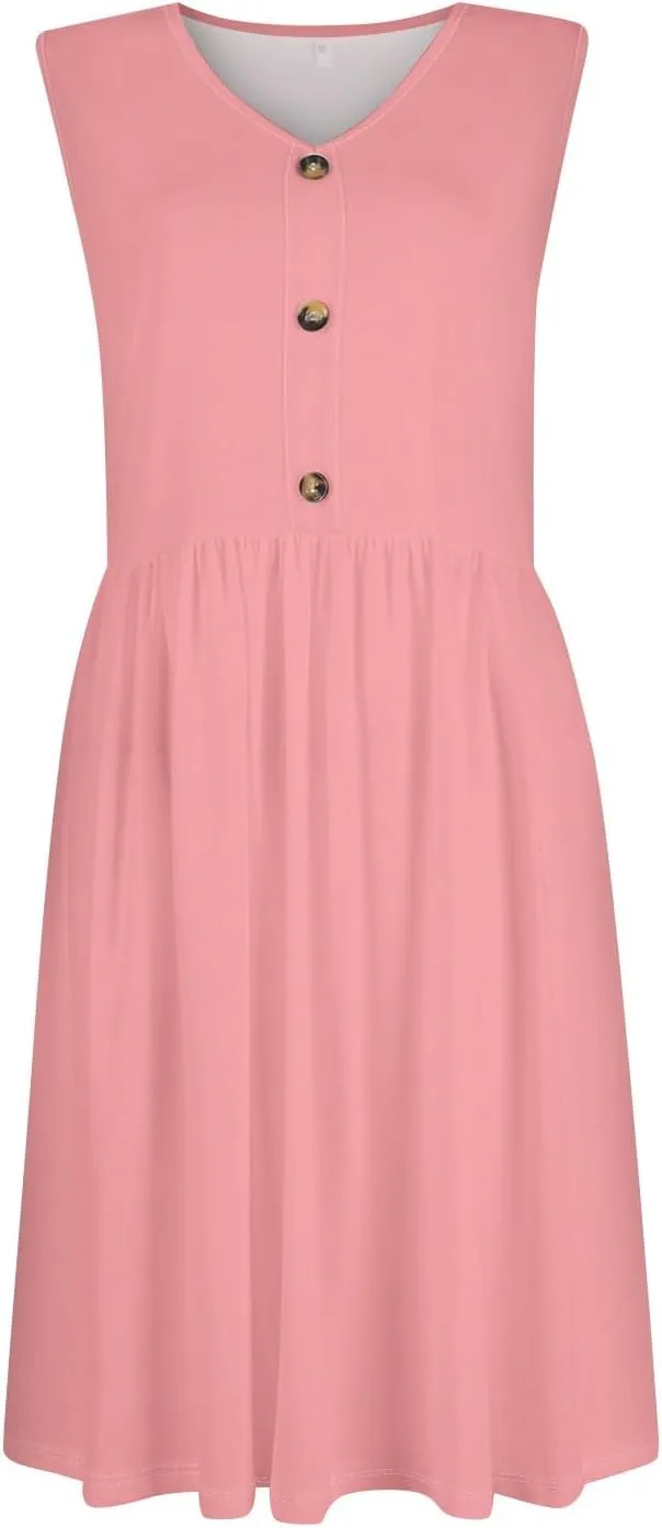 Midi Dresses for Women V Neck Button Sleeveless Tunic Sundress Summer Boho Beach Flowy A Line Tank Dress with Pockets