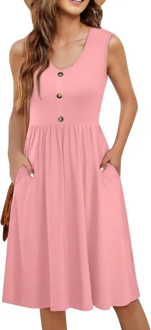 Midi Dresses for Women V Neck Button Sleeveless Tunic Sundress Summer Boho Beach Flowy A Line Tank Dress with Pockets