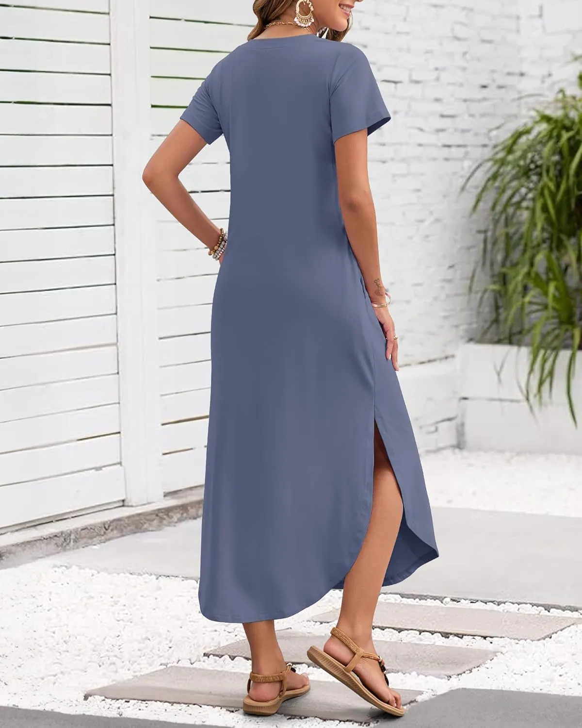 MISFAY Women's Summer Casual Maxi Dress 2025 Short Sleeves V Neck Loose Sundress Split Long Beach Shirt Dress Vacation Outfit