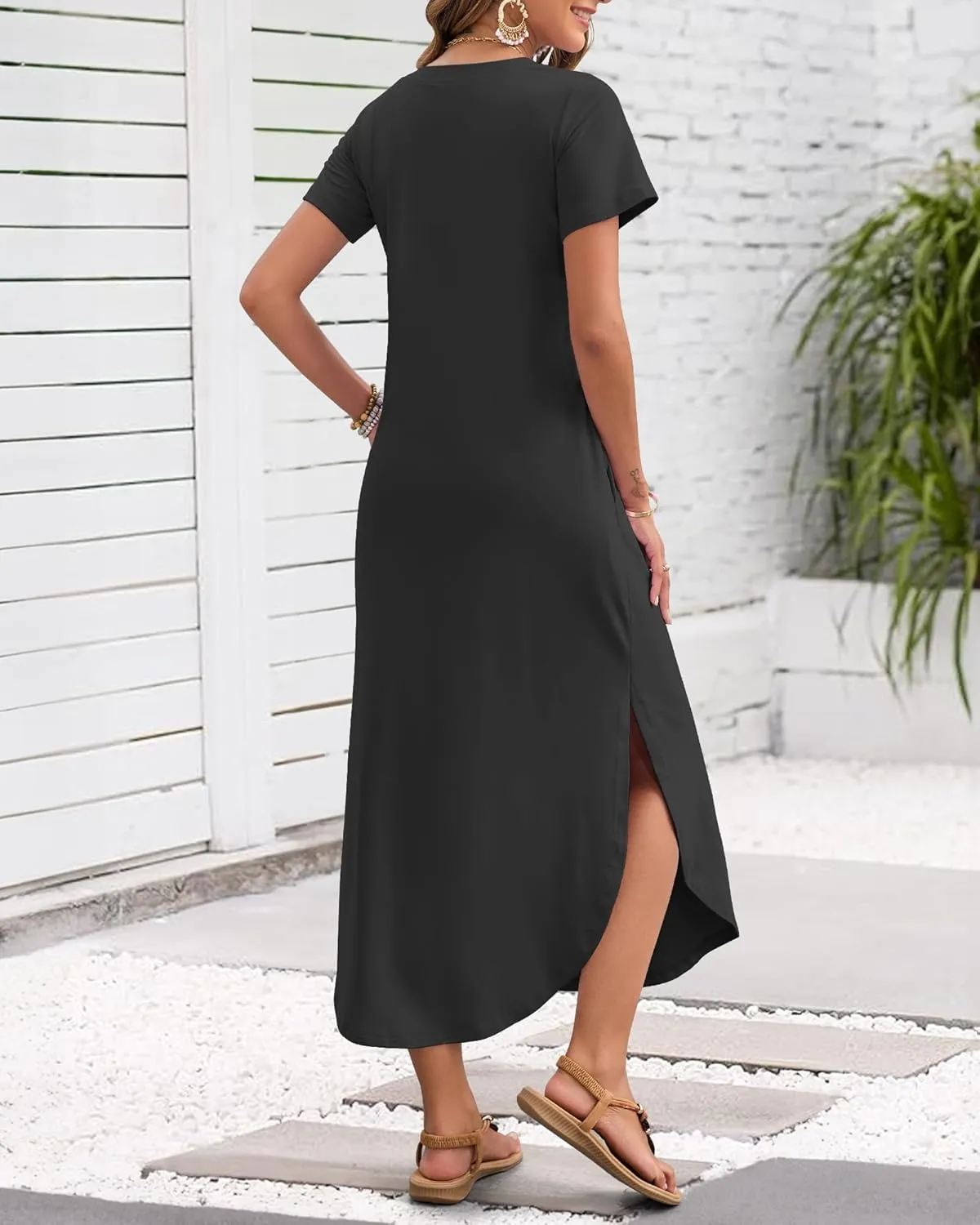 MISFAY Women's Summer Casual Maxi Dress 2025 Short Sleeves V Neck Loose Sundress Split Long Beach Shirt Dress Vacation Outfit