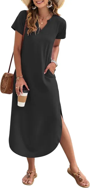 MISFAY Women's Summer Casual Maxi Dress 2025 Short Sleeves V Neck Loose Sundress Split Long Beach Shirt Dress Vacation Outfit