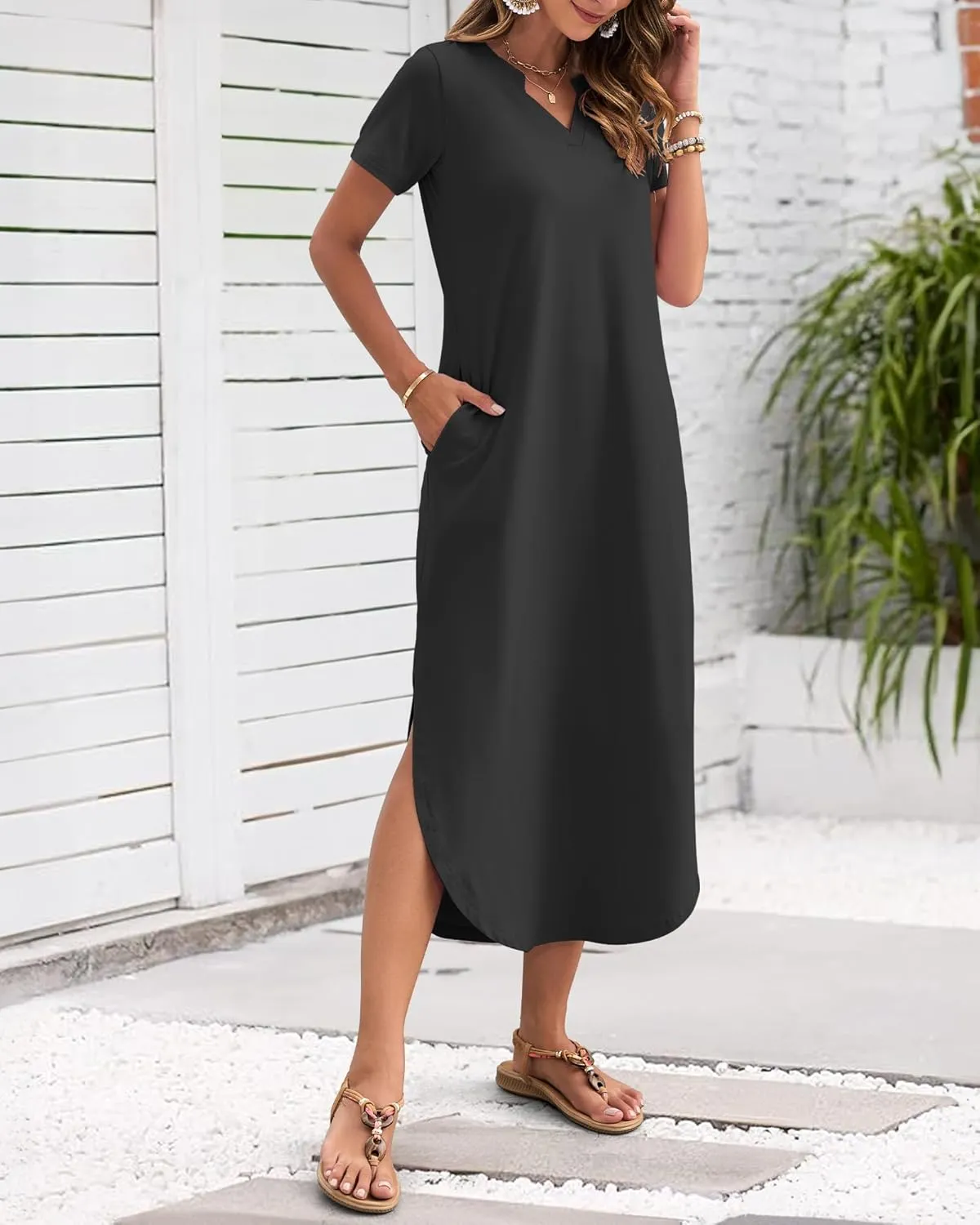 MISFAY Women's Summer Casual Maxi Dress 2025 Short Sleeves V Neck Loose Sundress Split Long Beach Shirt Dress Vacation Outfit
