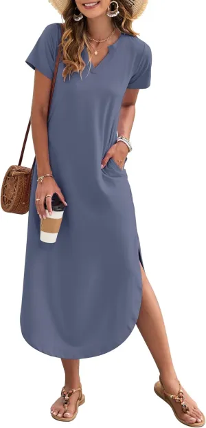 MISFAY Women's Summer Casual Maxi Dress 2025 Short Sleeves V Neck Loose Sundress Split Long Beach Shirt Dress Vacation Outfit