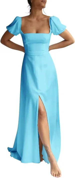 Monlity Puffy Short Sleeve Wedding Dresses for Bride Square Neck Bridesmaid Dresses with Slit Formal Prom Evening Gown