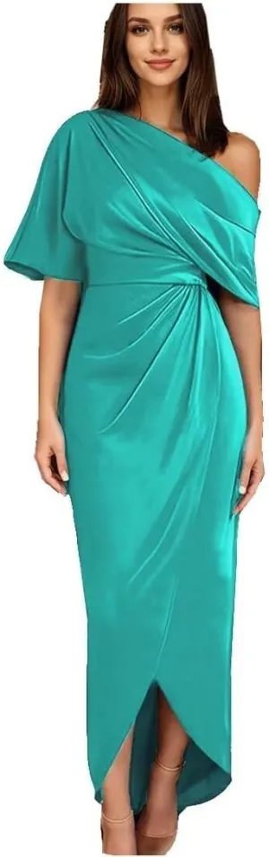 Mother of The Bride Dress for Wedding One Shoulder Satin Tea Length with Sleeves Sheath Slit Formal Evening Dress
