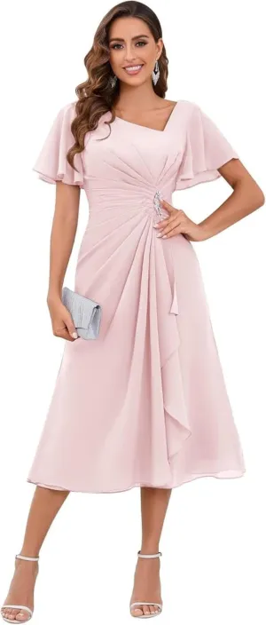 Mother of The Bride Dresses A-line Beaded Chiffon Flutter Sleeve Formal Evening Dress for Wedding