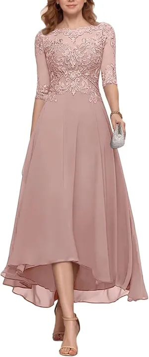Mother of The Bride Dresses for Wedding 2025 Chiffon Short Sleeves Long Chiffon Lace Appliques Formal Evening Dress