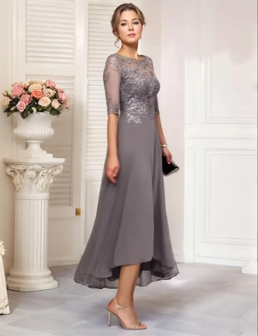 Mother of The Bride Dresses for Wedding 2025 Chiffon Short Sleeves Long Chiffon Lace Appliques Formal Evening Dress