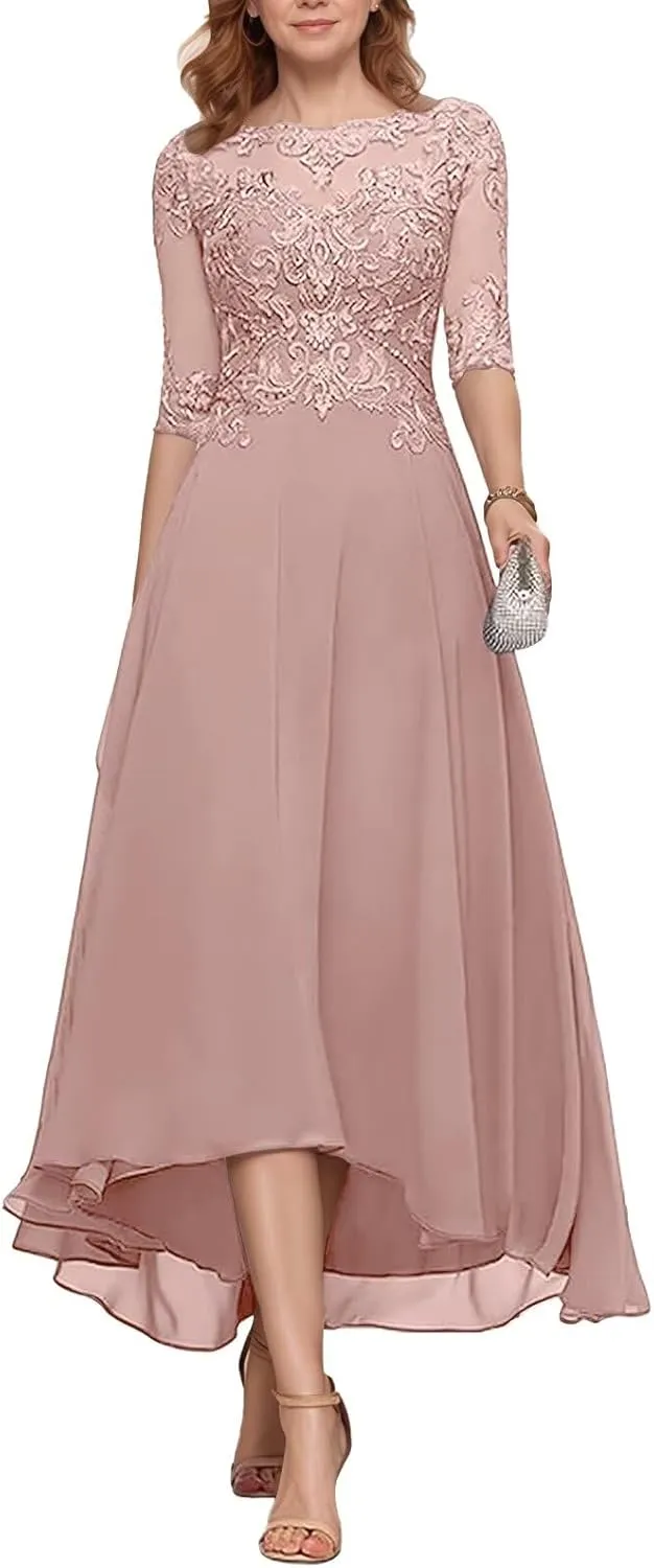 Mother of The Bride Dresses for Wedding 2025 Chiffon Short Sleeves Long Chiffon Lace Appliques Formal Evening Dress