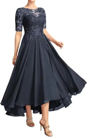 Mother of The Bride Dresses for Wedding Tea Length Lace Applique Chiffon Formal Evening Gowns with Sleeves