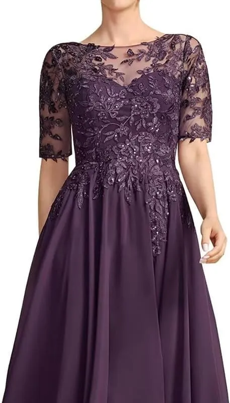 Mother of The Bride Dresses for Wedding Tea Length Lace Applique Chiffon Formal Evening Gowns with Sleeves