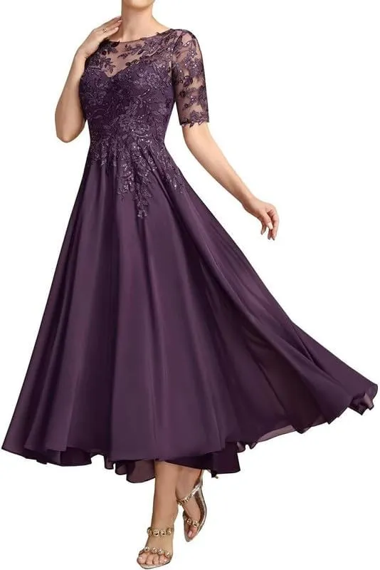 Mother of The Bride Dresses for Wedding Tea Length Lace Applique Chiffon Formal Evening Gowns with Sleeves