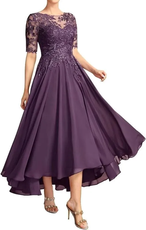 Mother of The Bride Dresses for Wedding Tea Length Lace Applique Chiffon Formal Evening Gowns with Sleeves