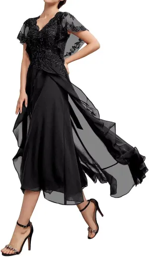 Mother of The Bride Dresses for Women Lace Applique Chiffon Ruffle Sleeve V Neck Formal Evening Dress for Wedding