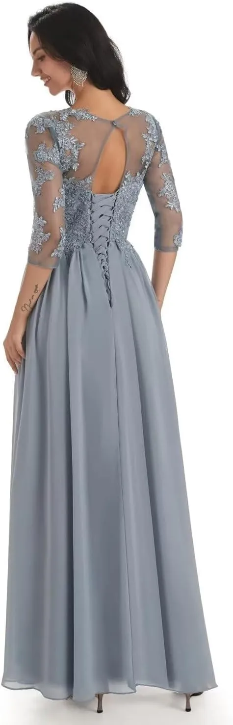 Mother of The Bride Dresses Long Lace Evening Dress with Sleeves Chiffon Party Formal Gowns