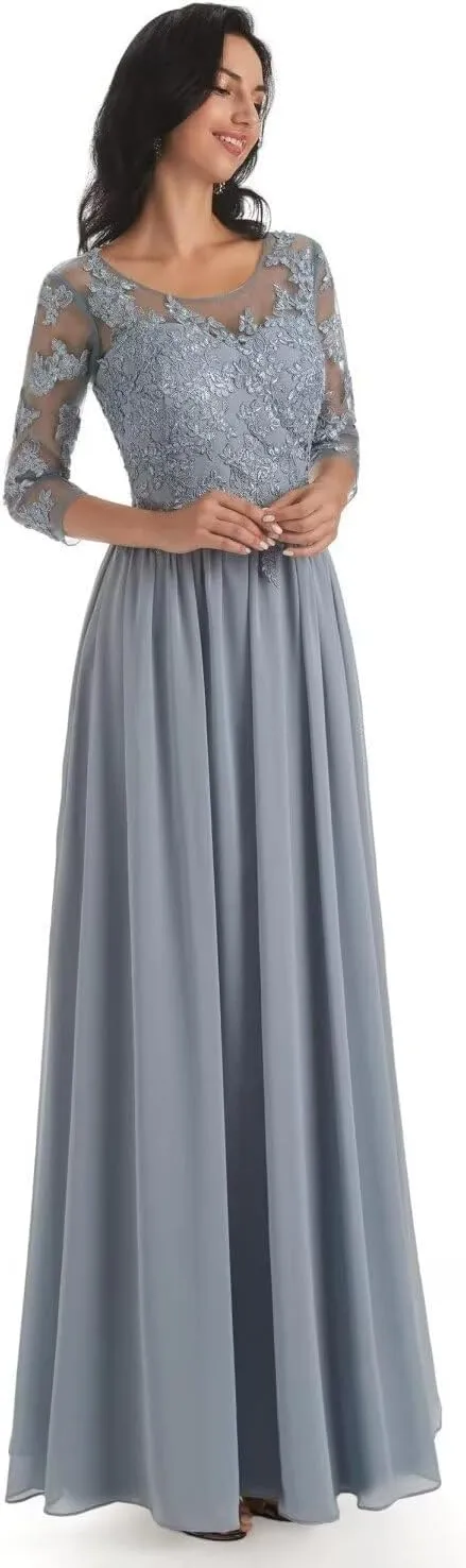 Mother of The Bride Dresses Long Lace Evening Dress with Sleeves Chiffon Party Formal Gowns