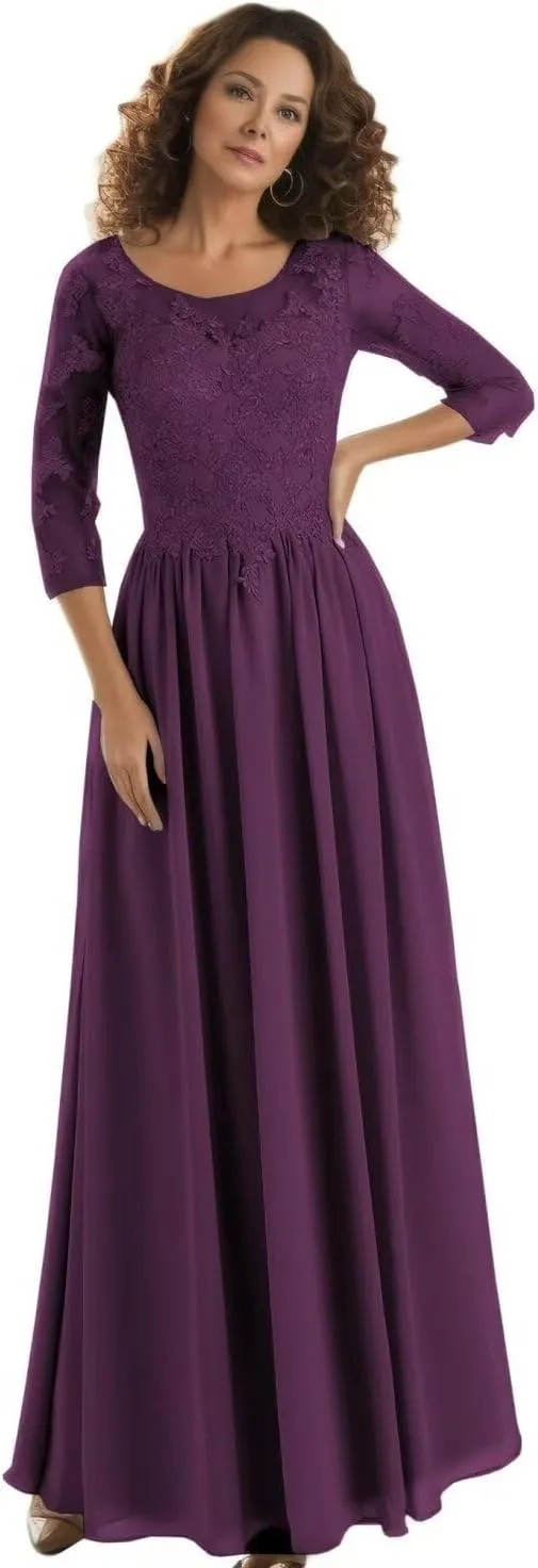 Mother of The Bride Dresses Long Lace Evening Dress with Sleeves Chiffon Party Formal Gowns