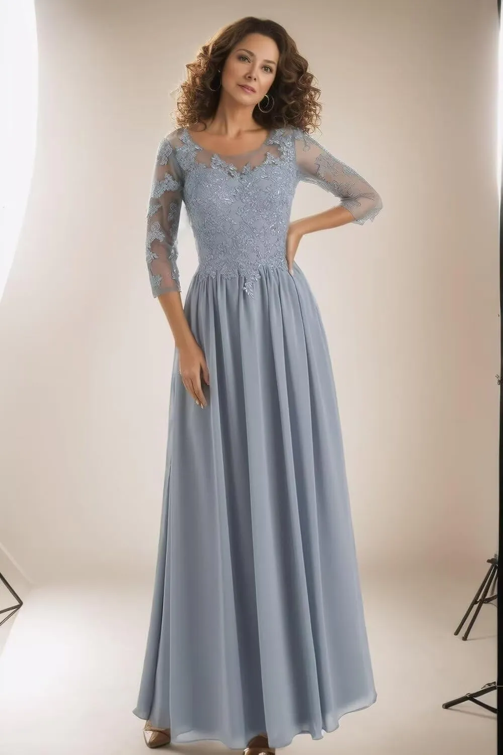 Mother of The Bride Dresses Long Lace Evening Dress with Sleeves Chiffon Party Formal Gowns