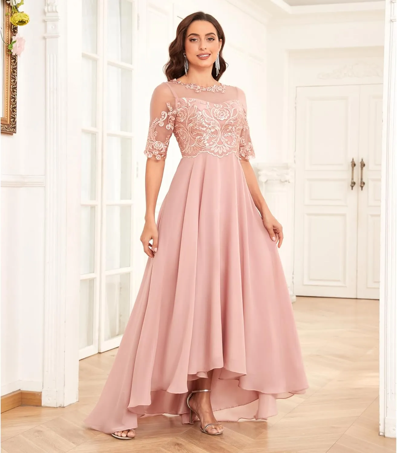 Mother of The Bride Dresses with Sleeves A-line Chiffon Lace Prom Dress Tea Length Party Dress for Women