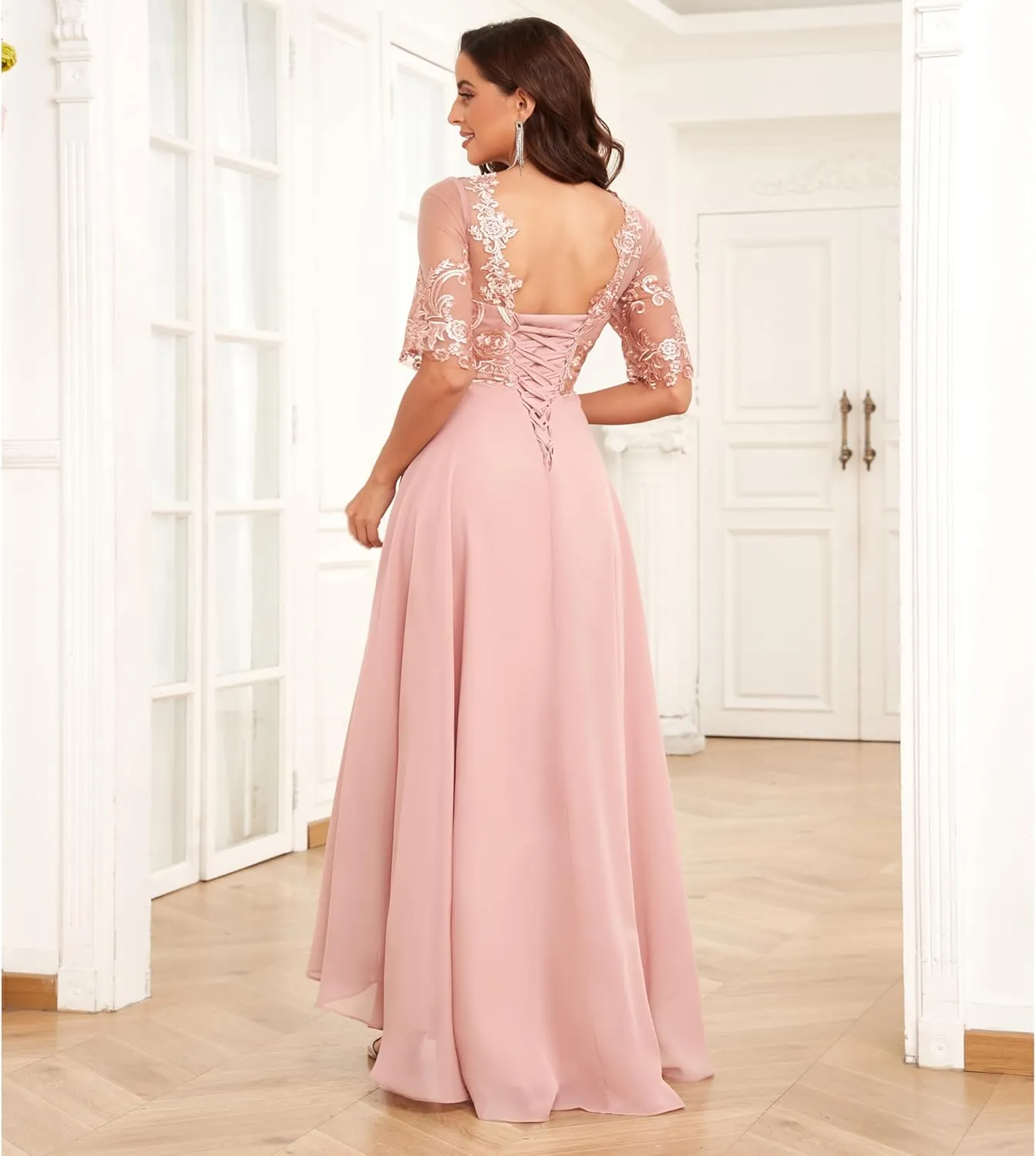 Mother of The Bride Dresses with Sleeves A-line Chiffon Lace Prom Dress Tea Length Party Dress for Women