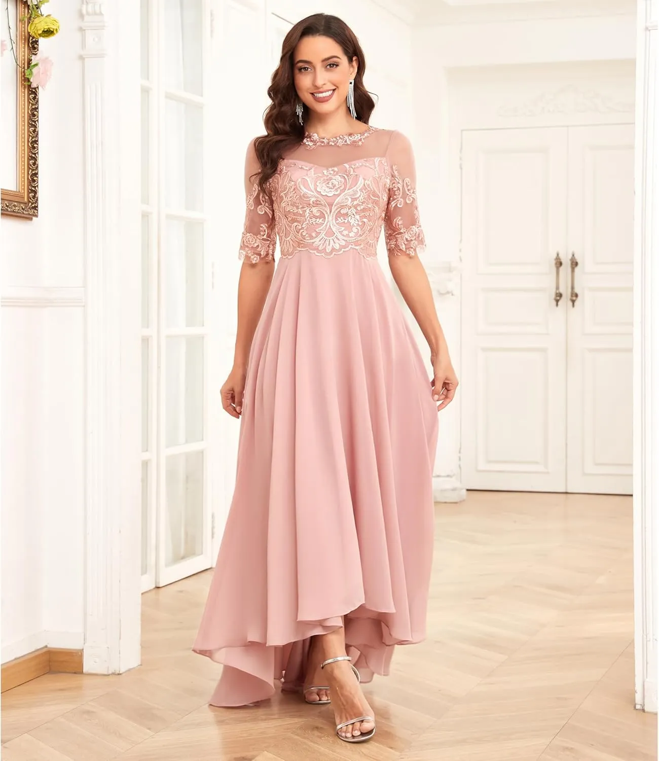 Mother of The Bride Dresses with Sleeves A-line Chiffon Lace Prom Dress Tea Length Party Dress for Women