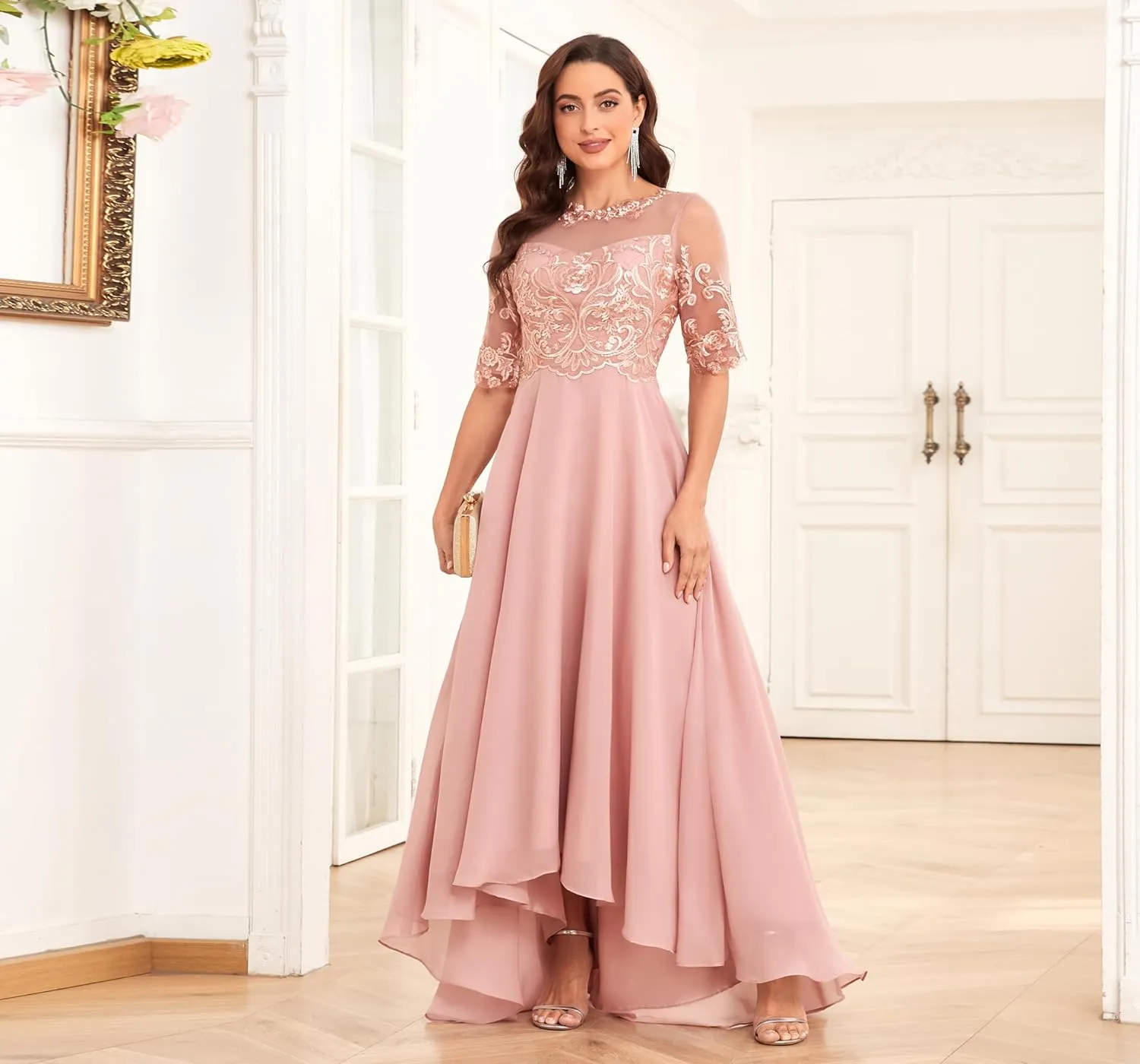 Mother of The Bride Dresses with Sleeves A-line Chiffon Lace Prom Dress Tea Length Party Dress for Women