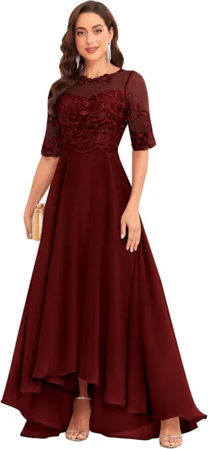 Mother of The Bride Dresses with Sleeves A-line Chiffon Lace Prom Dress Tea Length Party Dress for Women