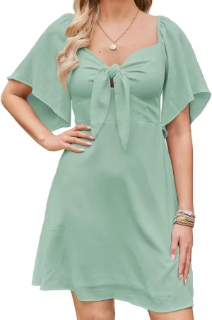 Naggoo Womens Dresses Tie Knot Deep V Neck Summer Dress Flowy Mini Dress Short Sleeve Elegant A-Line Cocktail Dresses