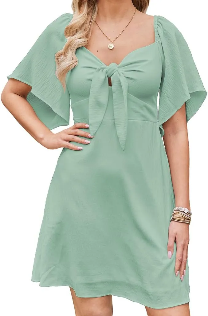 Naggoo Womens Dresses Tie Knot Deep V Neck Summer Dress Flowy Mini Dress Short Sleeve Elegant A-Line Cocktail Dresses