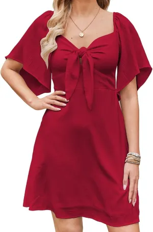 Naggoo Womens Dresses Tie Knot Deep V Neck Summer Dress Flowy Mini Dress Short Sleeve Elegant A-Line Cocktail Dresses