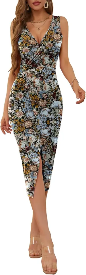 NASHALYLY Summer Floral Dress Wrap V-Neck Sundresses for Women 2024 Party Beach Boho Maxi Dress