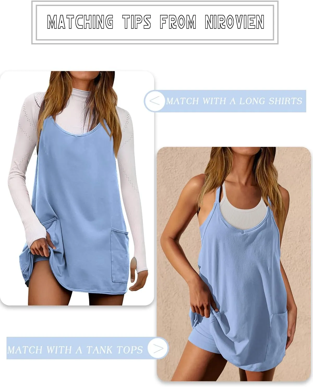 Nirovien Womens Tennis Dress Workout Mini Dress with Shorts Sleeveless Spaghetti Straps Golf Athletic Dresses