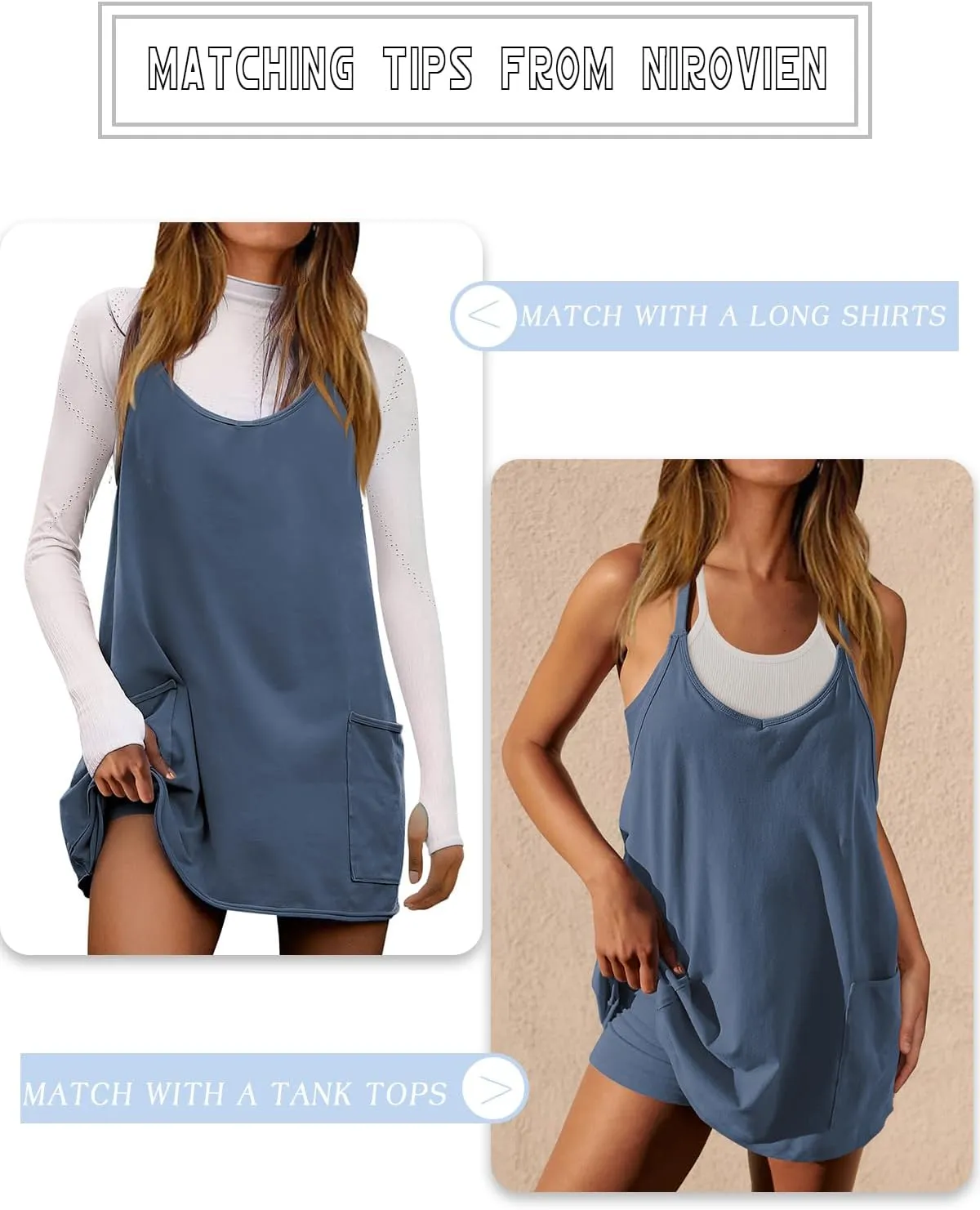 Nirovien Womens Tennis Dress Workout Mini Dress with Shorts Sleeveless Spaghetti Straps Golf Athletic Dresses