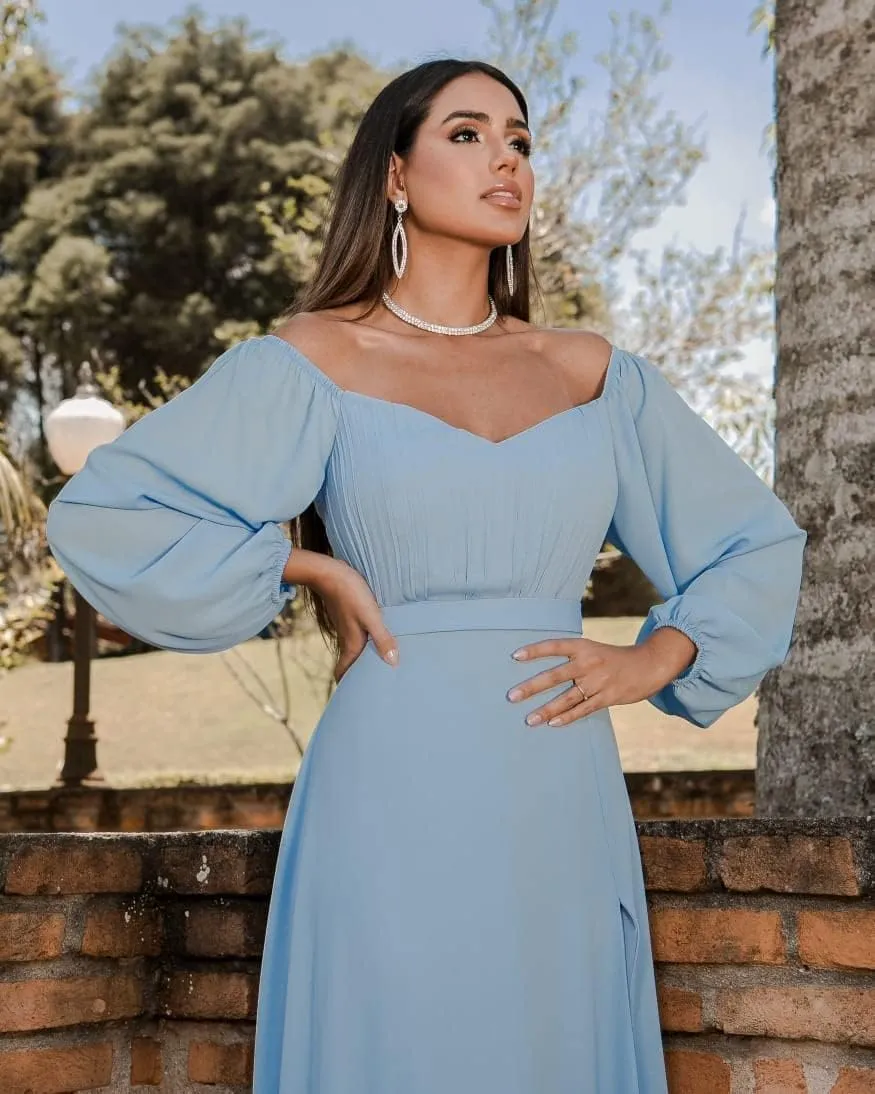 Off Shoulder Bridesmaid Dresses with Slit A Line Chiffon Long Sleeve Formal Prom Dress for Women MA29