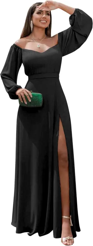 Off Shoulder Bridesmaid Dresses with Slit A Line Chiffon Long Sleeve Formal Prom Dress for Women MA29