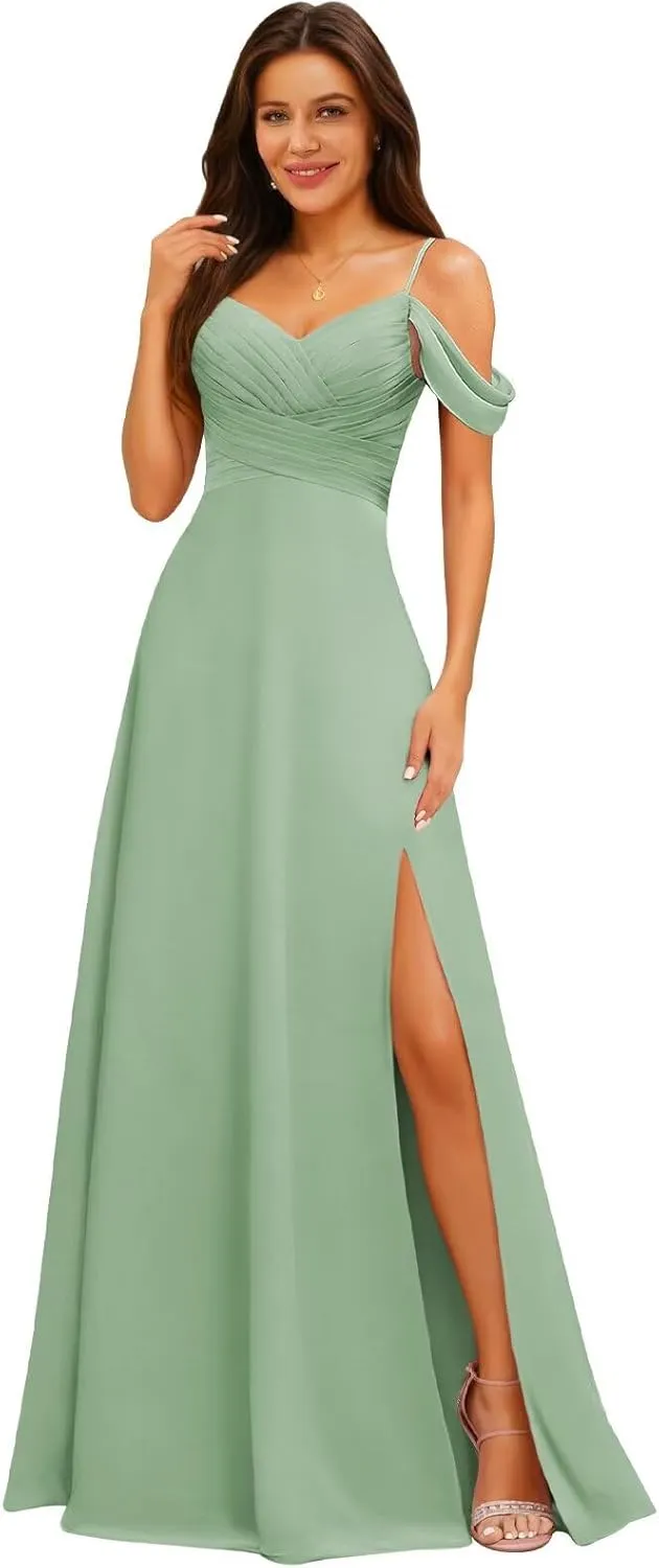 Off The Shoulder Bridesmaid Dresses for Women Long Slit Chiffon Formal Evening Gowns with Pockets