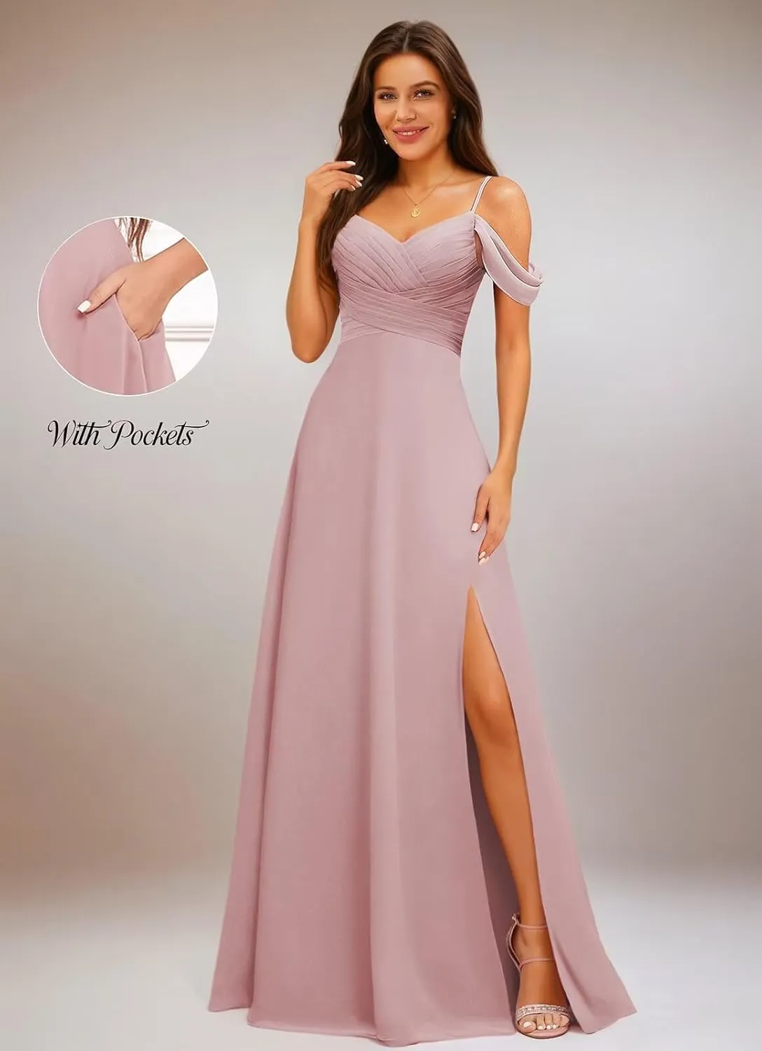 Off The Shoulder Bridesmaid Dresses for Women Long Slit Chiffon Formal Evening Gowns with Pockets