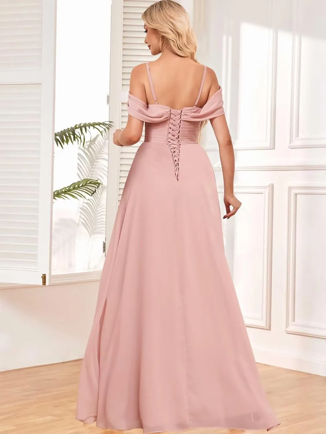 Off The Shoulder Bridesmaid Dresses for Women Long Slit Chiffon Formal Evening Gowns with Pockets