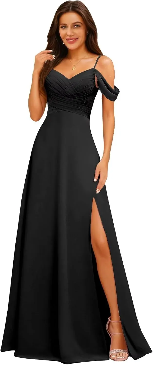 Off The Shoulder Bridesmaid Dresses for Women Long Slit Chiffon Formal Evening Gowns with Pockets