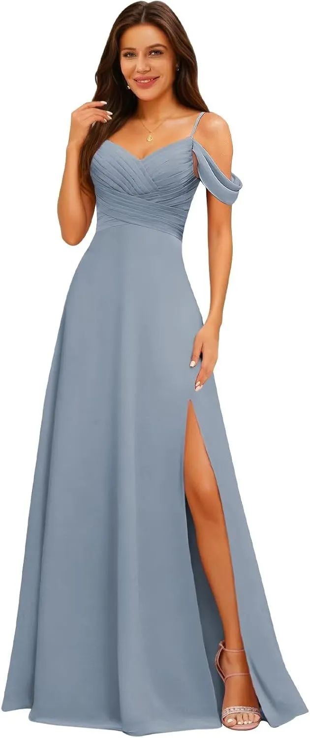 Off The Shoulder Bridesmaid Dresses for Women Long Slit Chiffon Formal Evening Gowns with Pockets