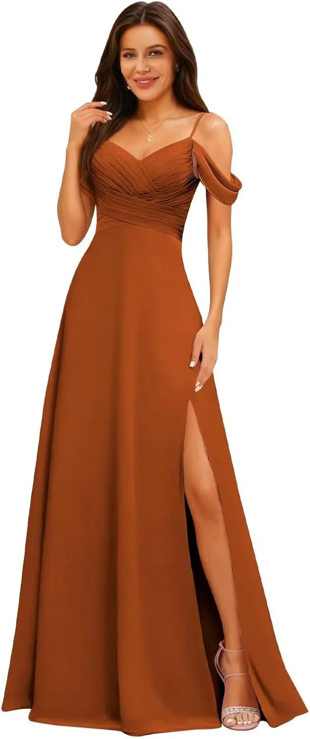 Off The Shoulder Bridesmaid Dresses for Women Long Slit Chiffon Formal Evening Gowns with Pockets