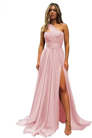 One Shoulder Bridesmaid Dresses Long A Line Formal Evening Gown with Slit