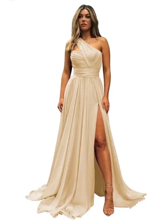 One Shoulder Bridesmaid Dresses Long A Line Formal Evening Gown with Slit