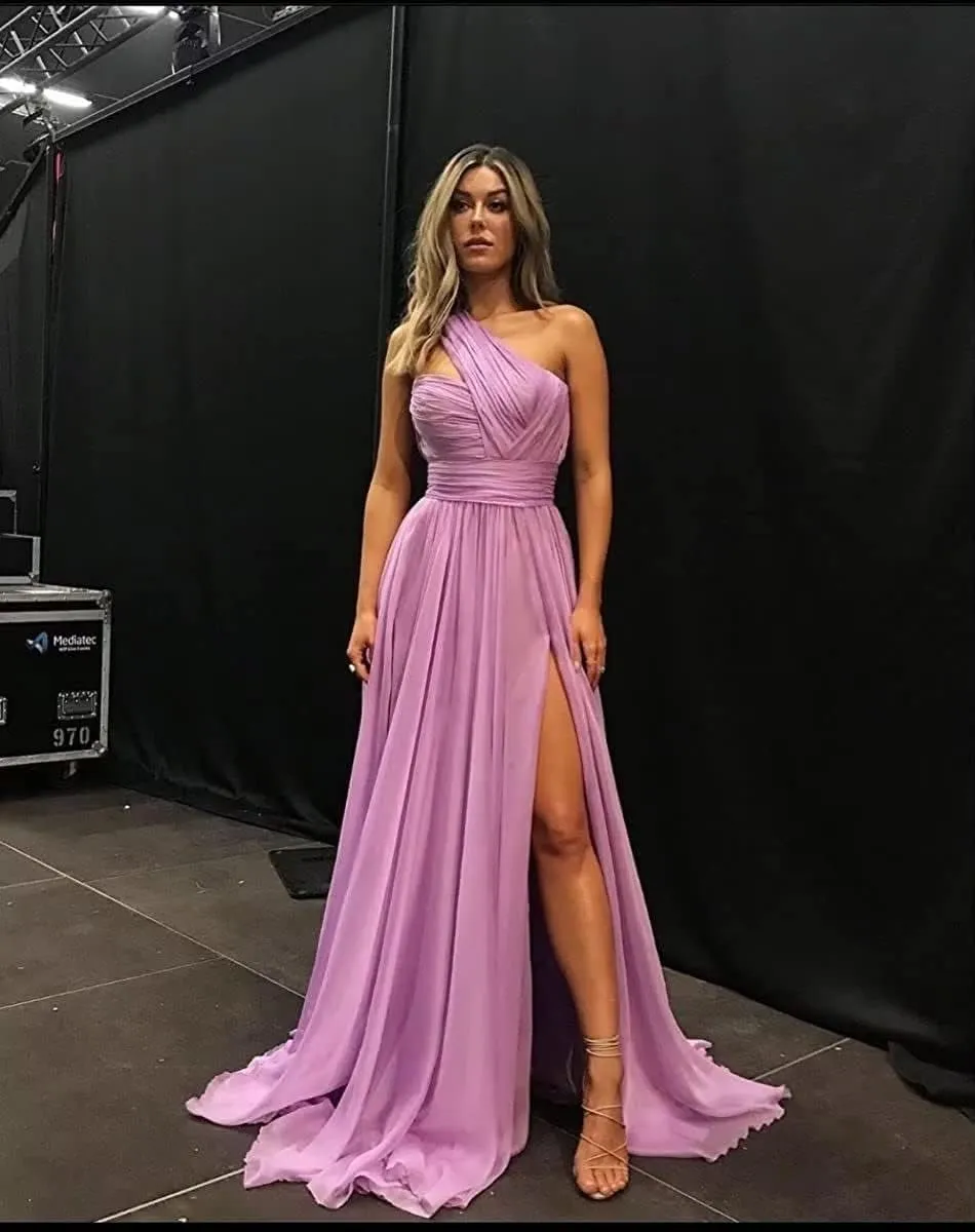 One Shoulder Bridesmaid Dresses Long A Line Formal Evening Gown with Slit