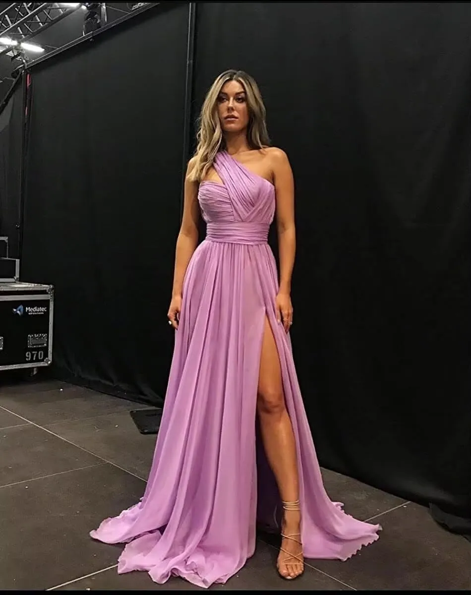 One Shoulder Bridesmaid Dresses Long A Line Formal Evening Gown with Slit
