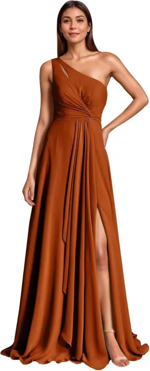 One Shoulder Bridesmaid Dresses with Slit Chiffon Pleated A Line Formal Prom Party Gown for Wedding Guest