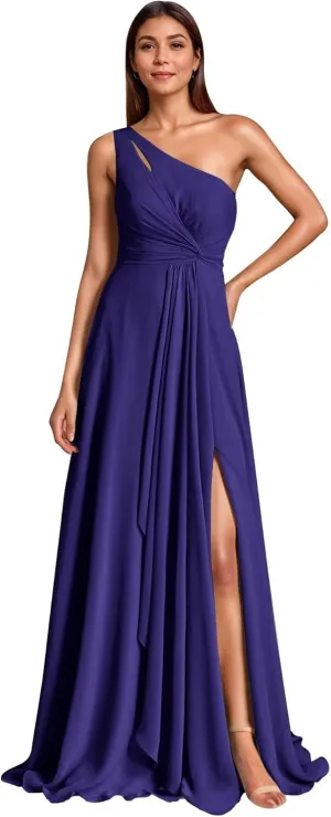 One Shoulder Bridesmaid Dresses with Slit Chiffon Pleated A Line Formal Prom Party Gown for Wedding Guest