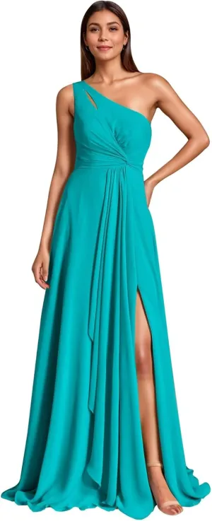 One Shoulder Bridesmaid Dresses with Slit Chiffon Pleated A Line Formal Prom Party Gown for Wedding Guest